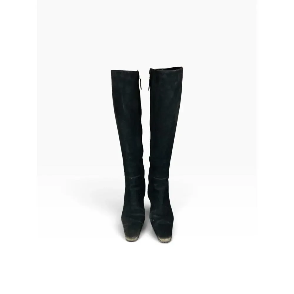 Chanel CC Tall Suede Riding Boots Black Knee High Almond Toe Heels EU 35 2001
